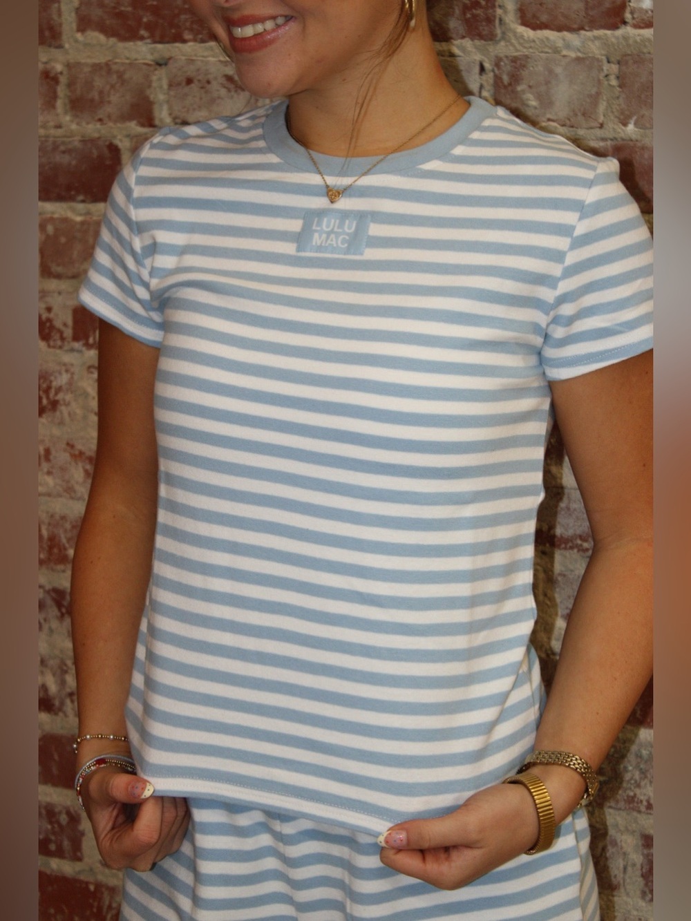 LULU MAC LIGHT BLUE STRIPE MONOCHROME BABY DOLL TOP